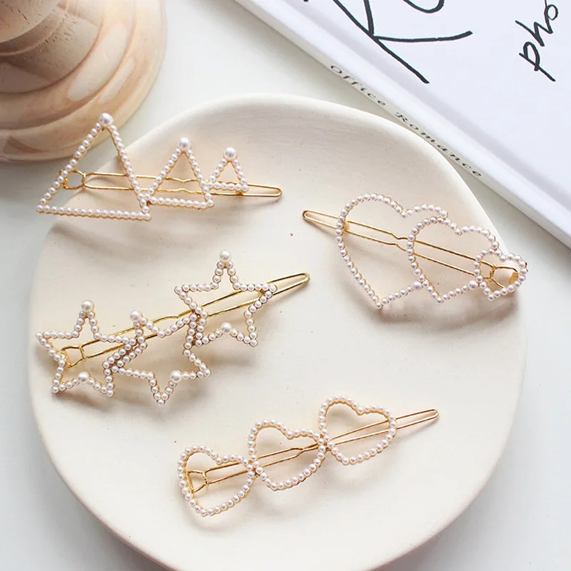 

Hot Pearl Metal Hair Clips Love hearted Five-pointed star Hairpin Geometric Triangle Hair Clip Barrette Hairgrip Hair Accessorie