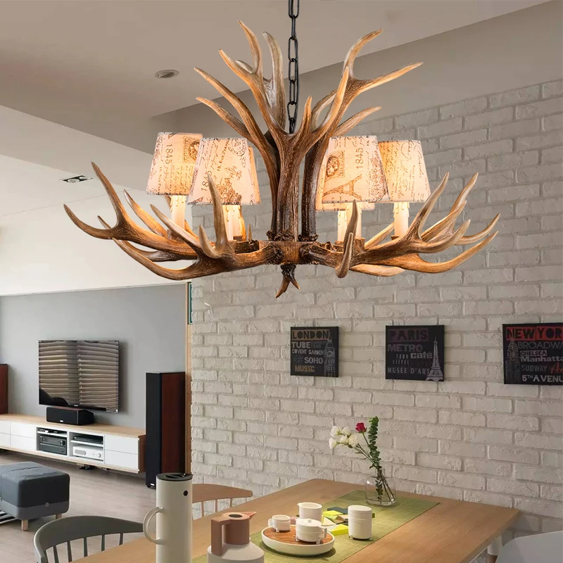 Europe E14 6 8 10 Heads American Deer Horn Antler Pendant Lamp Resin Antler Lampshade Parlor Hall Decor Suspension Luminaire B2