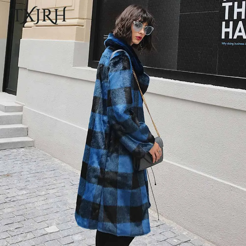 Poilu Long Bleu Txjrh Couleur Veste Turn Tops as Col Shown Contraste Fourrure down Mi Survêtement Faux Blue Noir Plaid Shaggy Manteau Élégant Vison 6fyYbg7