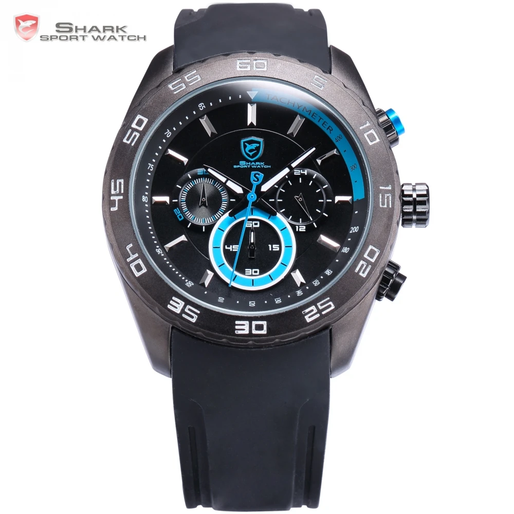 Male 6 Hands Waterproof Spinner Shark Sport Watch Clock Blue Silicone