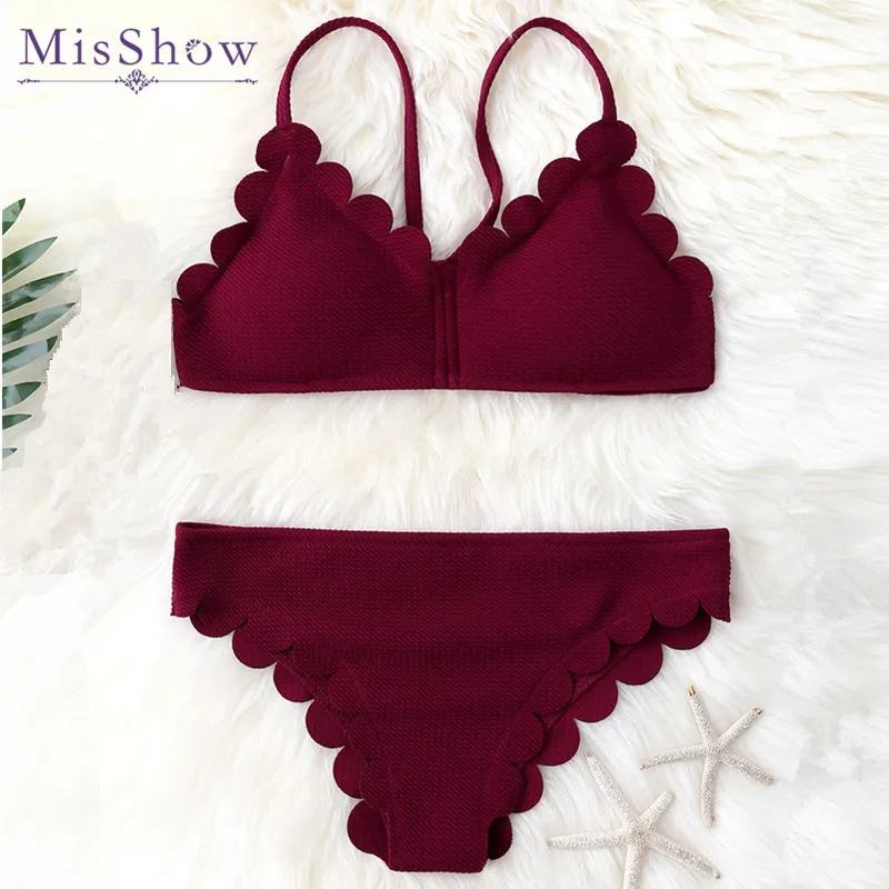 Misshow новинка 2019 однотонный бордовый волнистый край крест-накрест Женский
