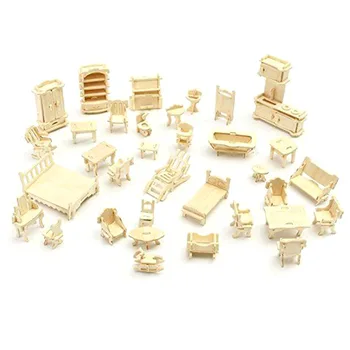 

34 Pcs/1 Set Vintage Wooden Furniture Dolls Puzzle Set Mini 3D DIY Wood Building Model House Miniature For Children Gift FJ88