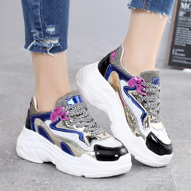 

Fashion Casual Shoes Woman Lace-up Breathable Chunky Sneakers Thick Sole Sequin Silver Platform Shoes Female