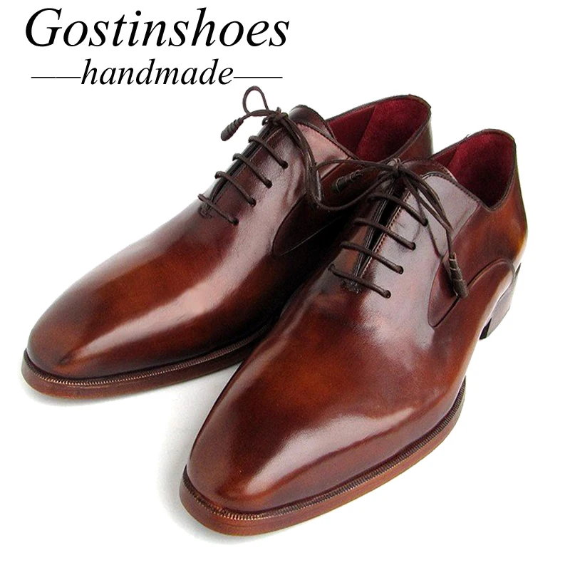

GOSTINSHOES HANDMADE Mens Shoes Formal Cow Leather Solid Lace-Up Pointed Toe Mens Dress Shoes Brown Oxford Goodyear Welted SCT19