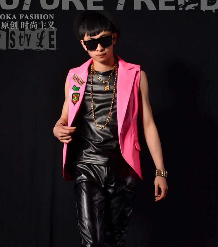 Новая корейская мода; Слим PU DJDS розовый костюм кожаный жилет сценический ночной клуб бар для выступления певца одежда певица костюмы