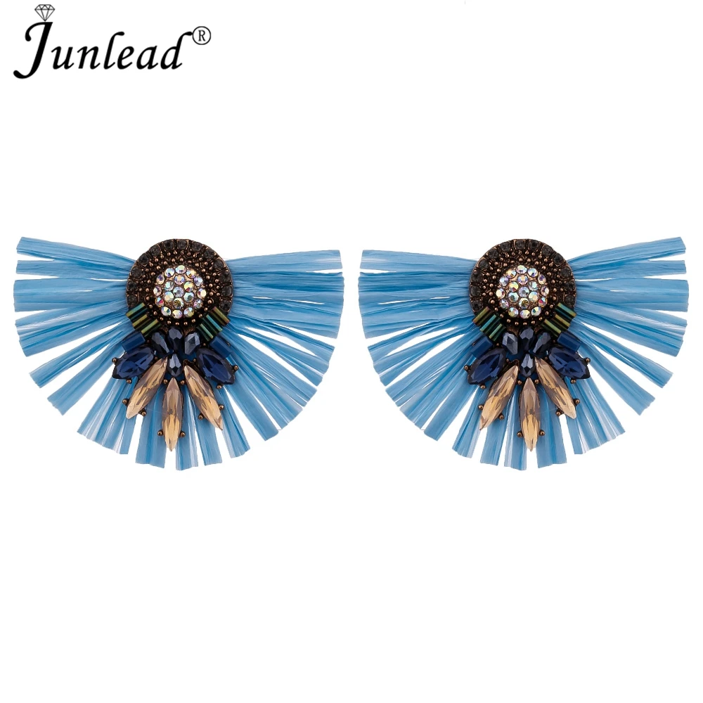 

Junlead 2018 Trendy Fashion Design Raffia Grass earring Lafite Boho fan Shape Tassel Fringe Statement Earrings for Women Jewelry