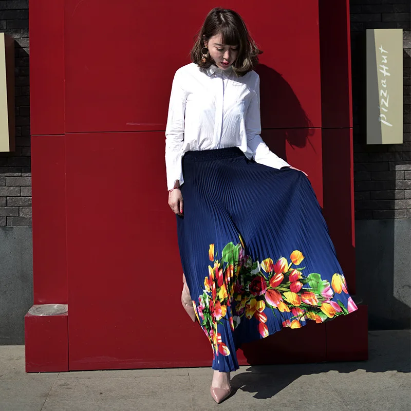 

FLOWER SKY Spring And Summer Print Flowers Elastic Waist Retro Pleated Slim Long Skirt Women Saia Maxi Floral Empire Skirts