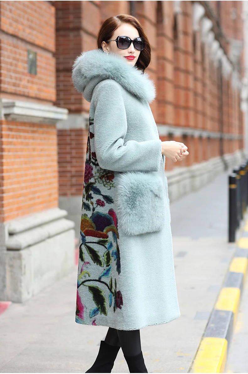 AYUNSUE, Женское пальто из настоящей шерсти, пальто для стрижки овец,, модная зимняя женская куртка, натуральный Лисий мех, воротник с капюшоном, HQ18-MC05C