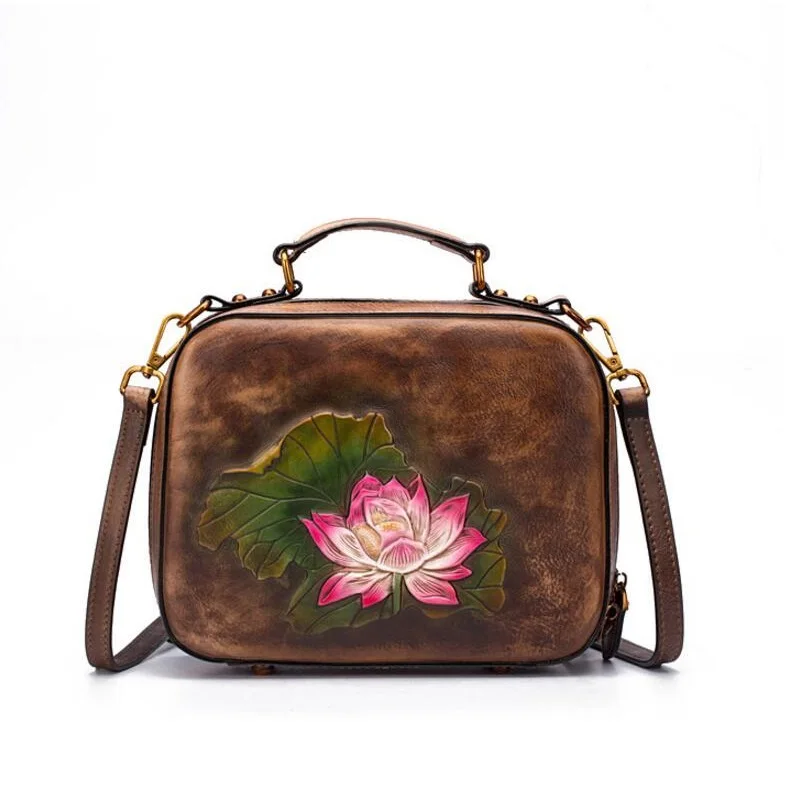 

Embossed Lotus Flower Genuine Leather Women's Vintage Small Flap Shoulder Bag Box Bag Real Cowhide Ladies Mini Floral Handbag