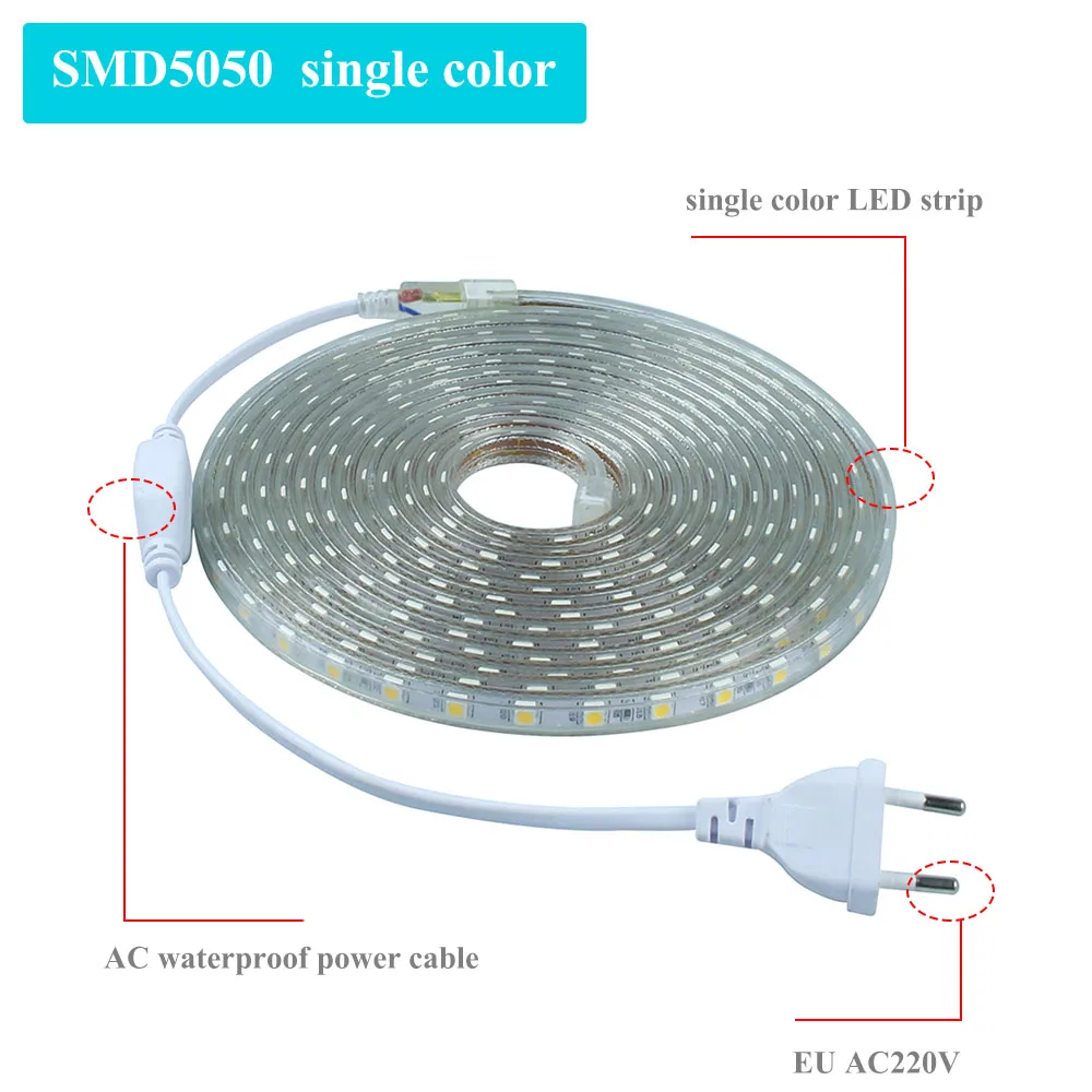 

ECLH 20M LED strip 5050 IP65 Waterproof 60LED/M AC220V Flexible LED Light Strip Warm White led ruban luces led tiras EU Plug