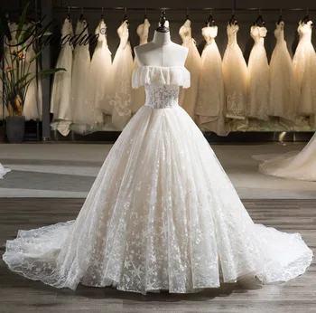 

Miaoduo wedding Luxury boat neck Lace Up style Sleeveless champagne color Ball Gown Wedding Dress for bride with long Train