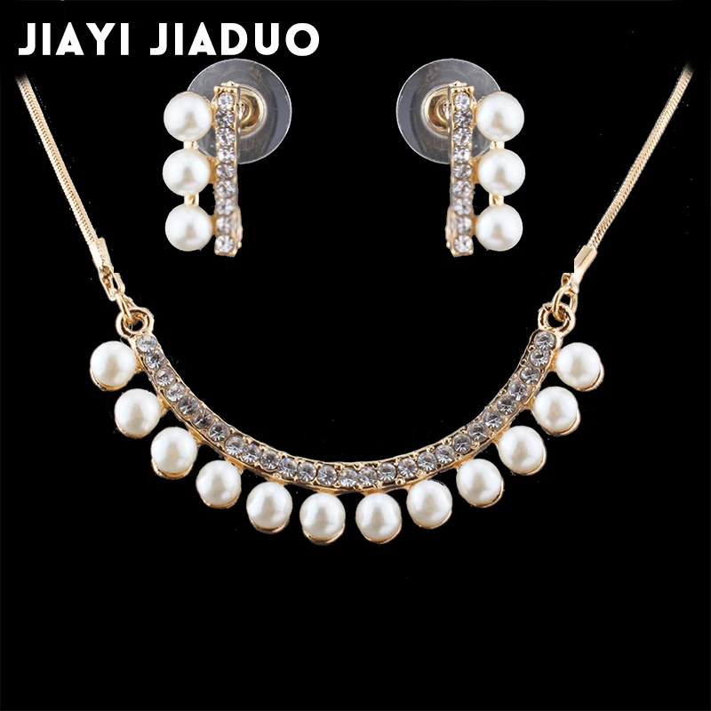 

jiayijiaduo African popular wedding jewelry set imitation pearl pendant set gold-color necklace earrings women clothing gifts