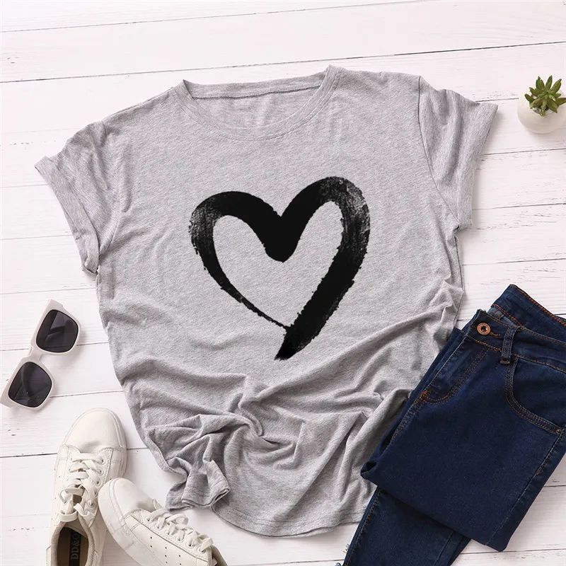 Большие размеры, S-5XL, Новая женская футболка с принтом сердца, хлопок, круглый вырез, короткий рукав, летняя футболка, топы, Повседневная футболка, женские футболки - Цвет: A0462-qianhui