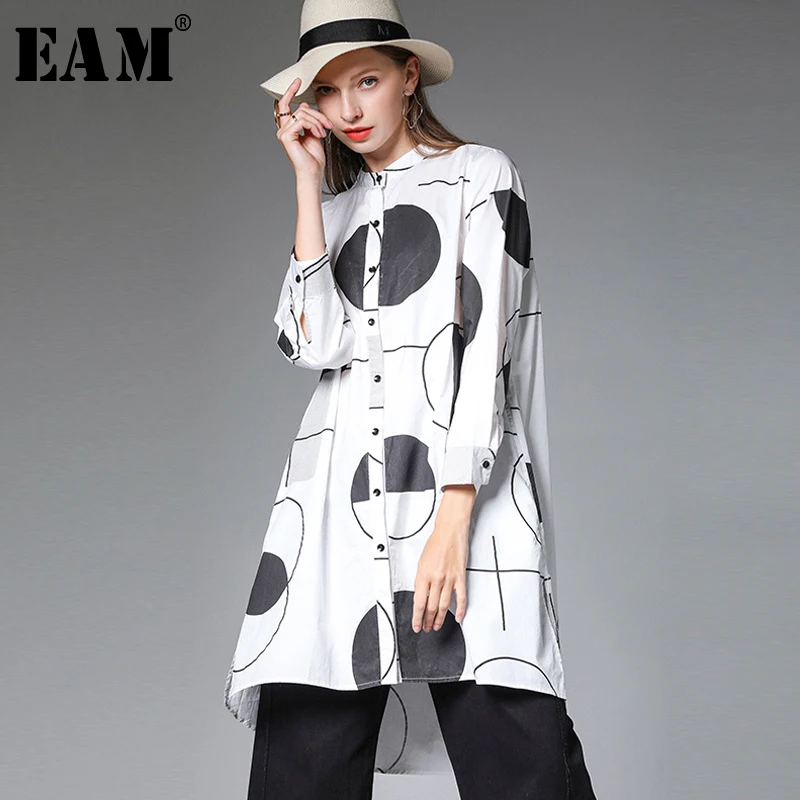 

[EAM] 2019 New Spring Autumn Lapel Nine-quarter Sleeve Pattern Printed Button Split Loose Shirt Women Blouse Fashion Tide JY929