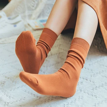

High School Fashion Girls Ankle-High Socks Loose Solid Colors Cotton Thick Socks Women Double Needles Knitting Cotton Long Sock