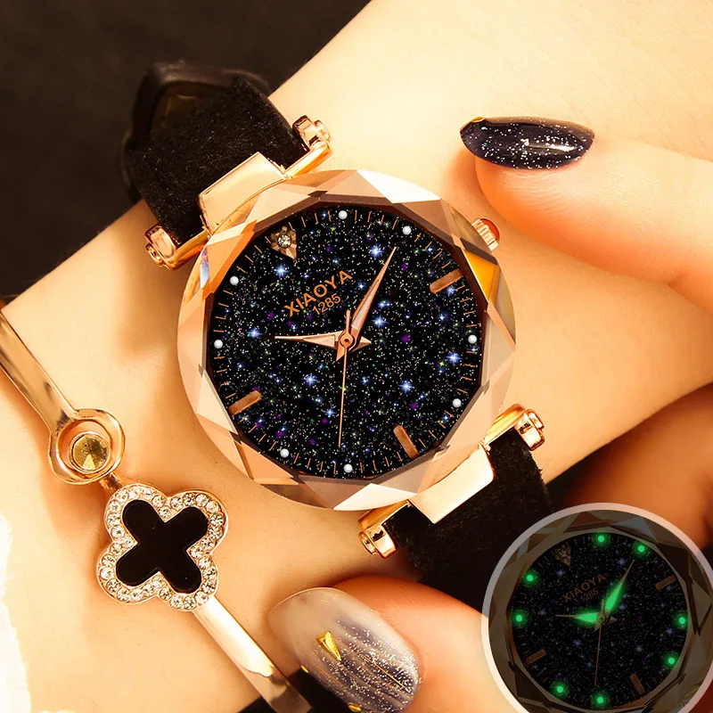 

Luminous Brilliant Starry Sky Luxury Ladies Watches Female Quartz Clock Women's Fashion Dress Watch With Vintage Leather Band