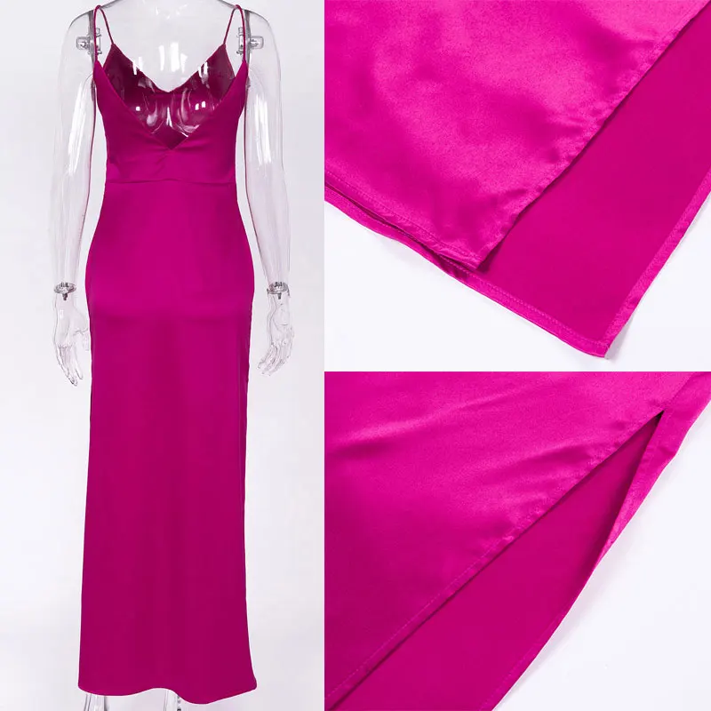 Forefair Sexy Maxi Satin Dress Summer Women Slit V Neck High Waist Off Shoulder Black Red Slip Silk Long Dress Party Club
