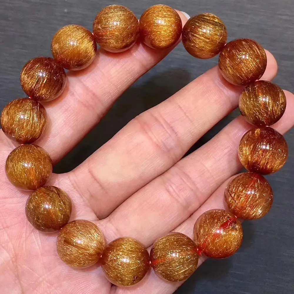 

13mm Natural Copper Rutilated Bracelet For Women Men Strong Cat Eye Round Beads Quartz Luxury Crystal Fashion Bracelet AAAAA