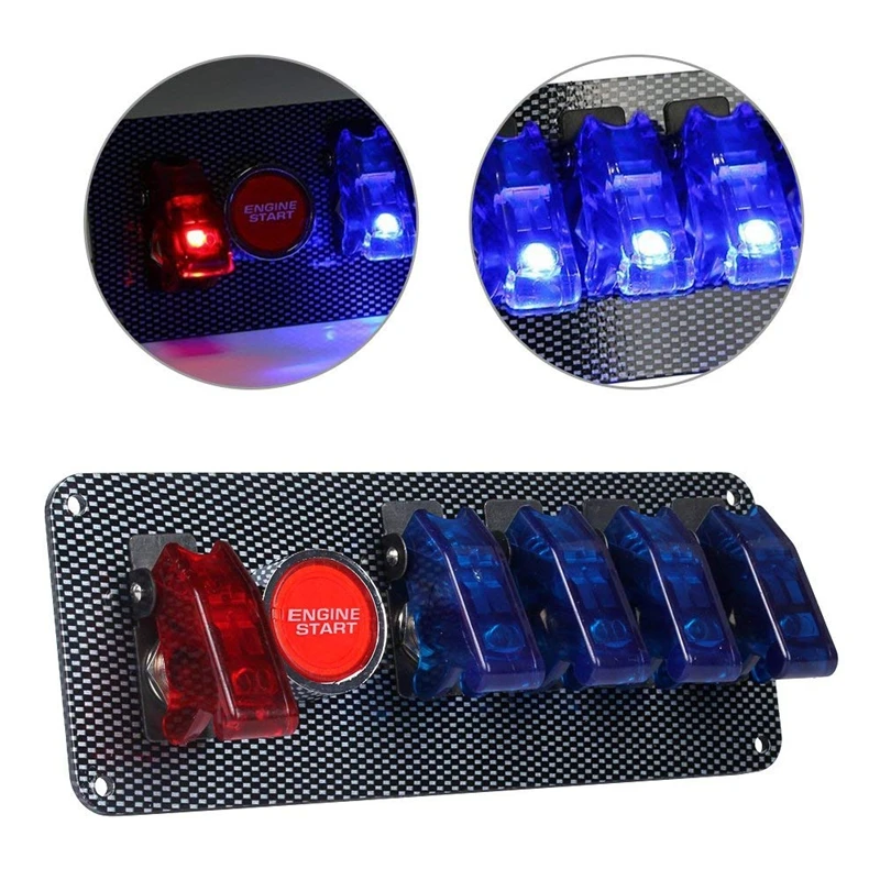 

12V Racing Car Ignition Switch + 4 Blue and 1 Red Car Engine Start Push LED Toggle Button Panel for Racing Car