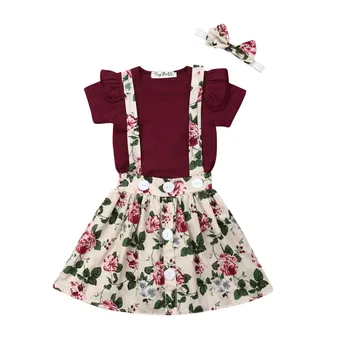 

3Pcs Newborn Infant Baby Girl Suspender Outfits Ruffles Short Sleeve Romper Top+ Floral Overall Skirt + Headband Clothes Set
