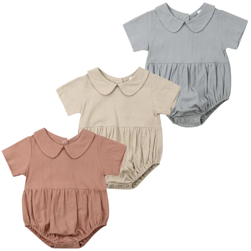Однотонный комбинезон с воротником для маленьких девочек; комбинезон с короткими рукавами; одежда; летняя одежда для малышей