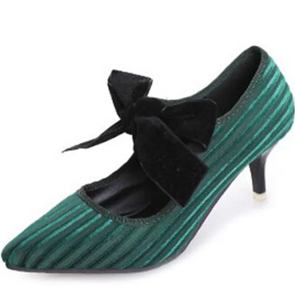 

2018 Spring and Summer New Korean Wild Pointed Stiletto Heels Princess Bow Light mouth shoes Retro Suede shoes