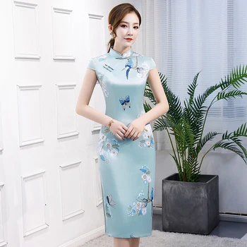

Silky Satin Female Elegant Slim Cheongsam Vintage Printed Girls Summer Casual Dress Gown Plus Size Stage Show Qipao M-XXXL