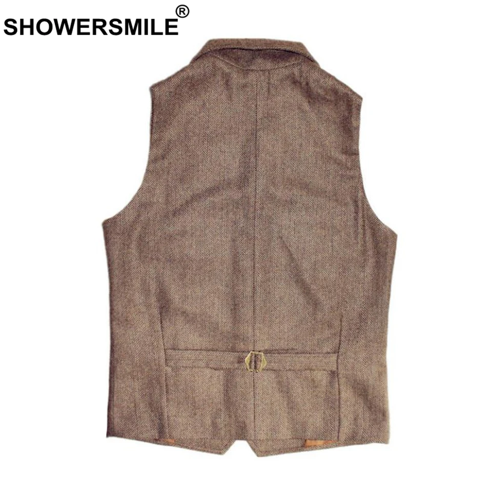 SHOWERSMILE Vest 2019 Woolen Waistcoat Winter Men Coffee Sleeveless Jacket Male British Vintage Herringbone Thicker Clothing