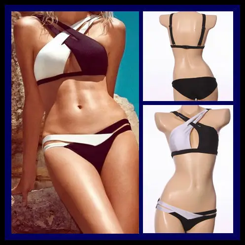 New 2014 Cross Halter Swimsuit Women Patchwork Swimwear Sexy Bathing suit Black White Triangle Monokini Biquini |