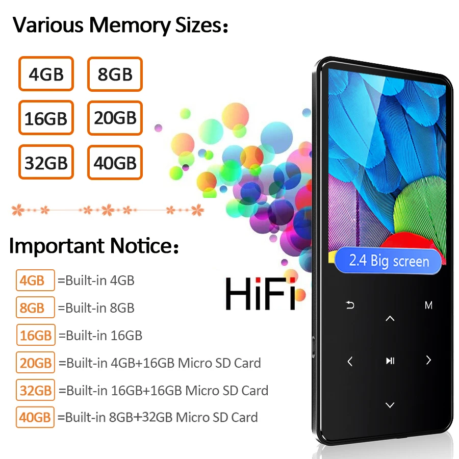 Редант MP3 плеер с Bluetooth и Динамик сенсорных клавиш 2 4 "Экран Hi Fi Walkman MP 3 Flac