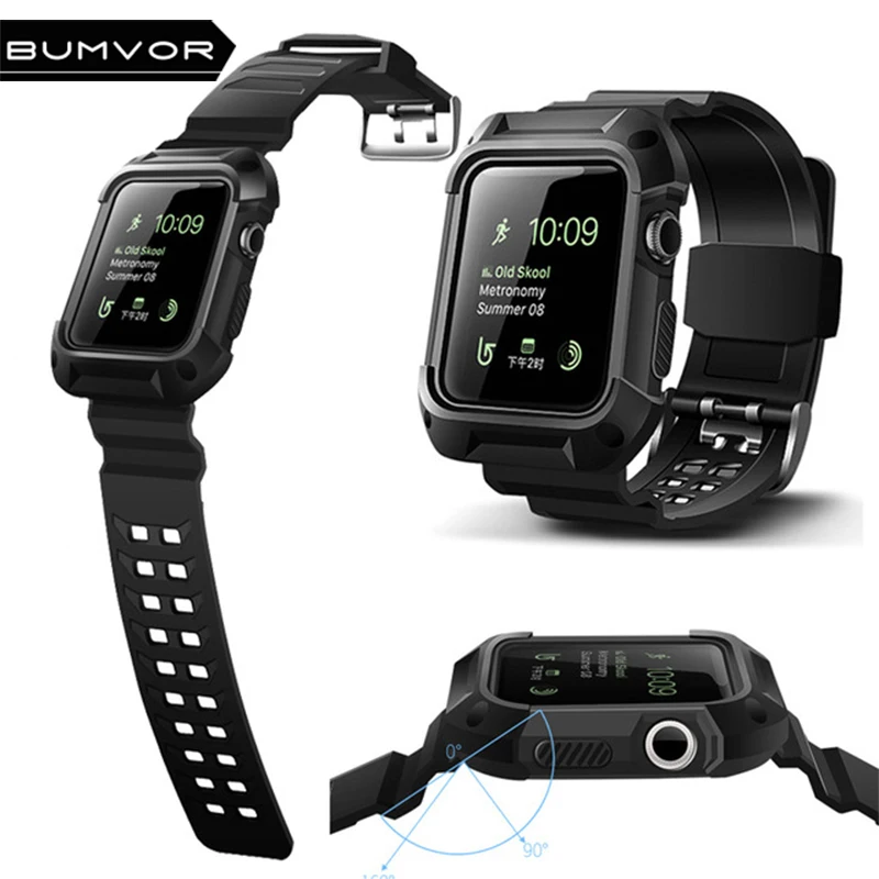 

New TPU Rubber Watchband with Protective Case for 40/44/38/42MM iWatch Apple Watch Band Wrist Strap Bracelet with Frame Black