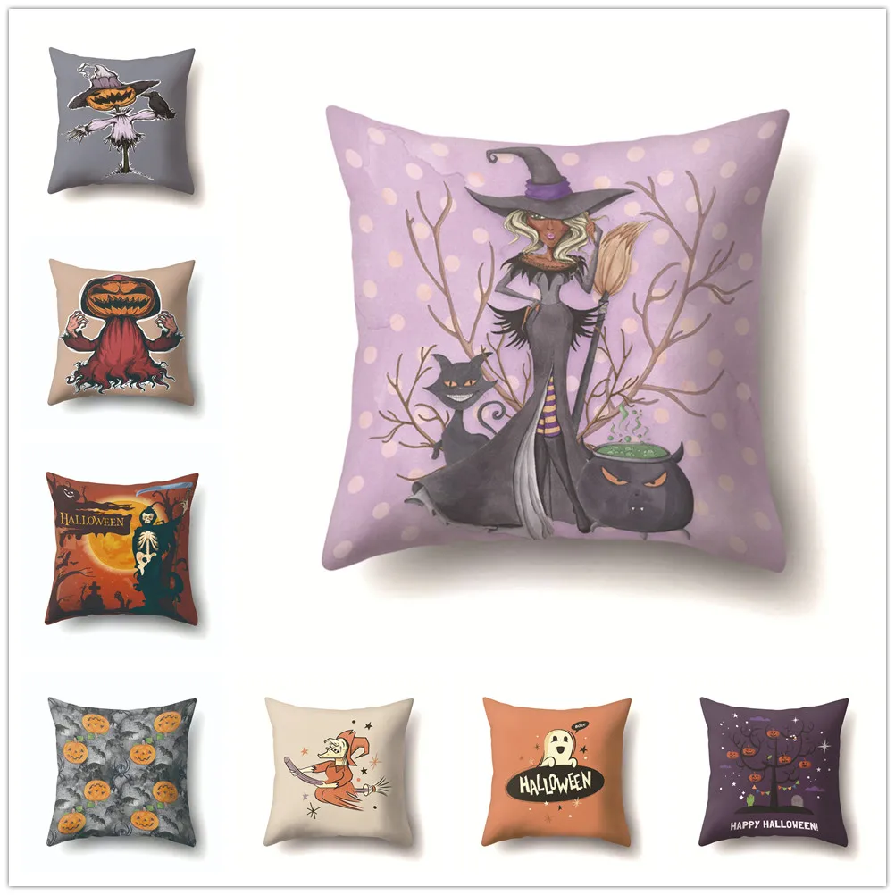 

Halloween Polyester Cushion Cover Witch Ghost Pumpkin Pattern Soft Pillow Covers Decorative for Sofa Living Room Home Decoration
