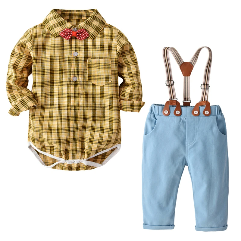 

Fashion Children Baby Boys Long-sleeve Shirt + Rompers Two Peices Sets Boys Plaid Bow Tie Gentleman Suits