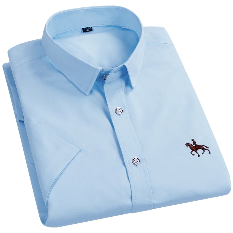 

2019 New Summer Short Sleeve 50% Cotton Solid Blue Men Dress Shirts Breathable Non-iron Embroidery Formal Office Men Shirts