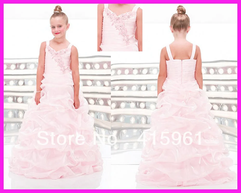 

Popular Pink Ball Gown Ruffled Organza Pageant Flower Girl Dresses Straps F010