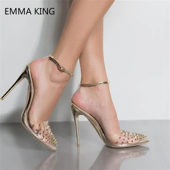 

2019 Sexy Clear PVC Women Gladiator Sandals Pointed Toe Pumps Ankle Strap Rivet High Heels Ladies Party Shoes Woman Roman Sandal