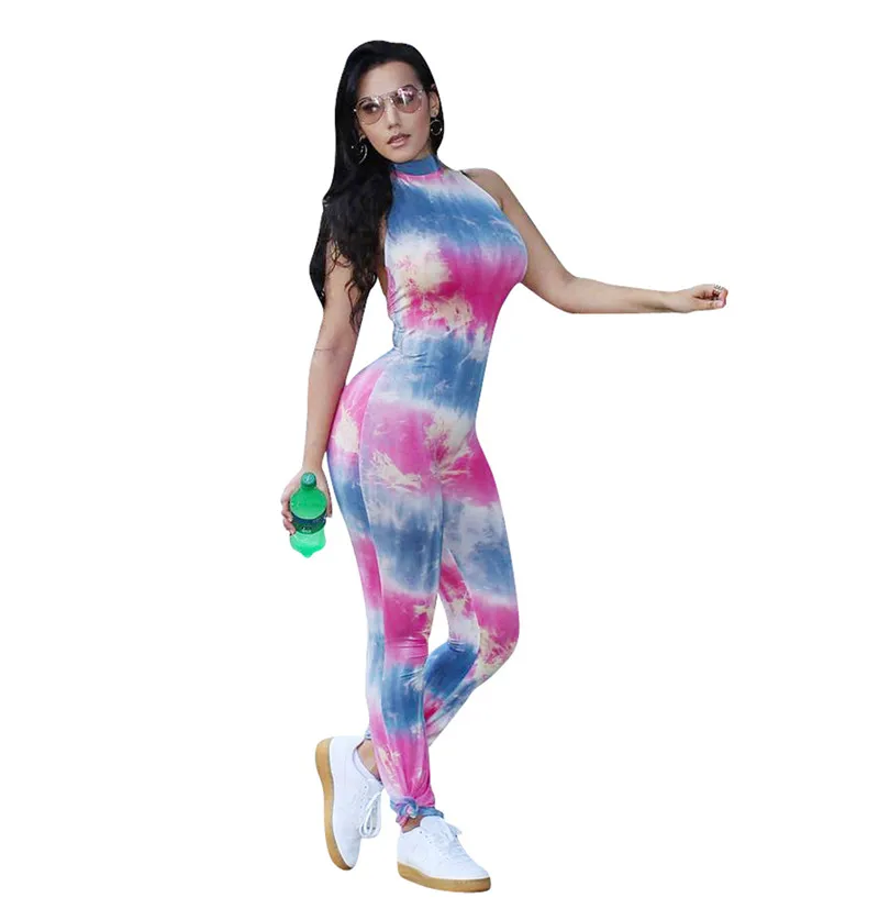 

Tie Dye Jumpsuits and Rompers Women 2018 Summer Sleeveless Halter Neck Sexy Backless Bodycon Jumpsuit Overalls Macacao Feminino