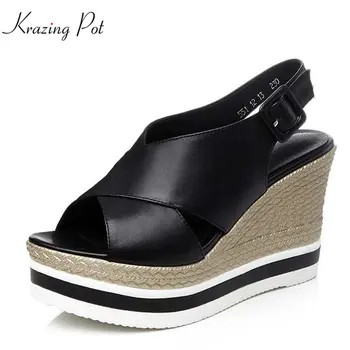 

Krazing Pot 2020 cow leather peep toe buckle straps wedges summer shoes solid simple style high fashion solid dress sandals L51