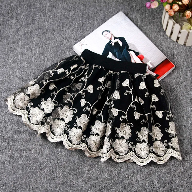 

Girls Lace Skirts Toddler Girls Flower Skirts Princess Appliques Mini Skirts Kid Black Skirts with Lace Bottom Fashion Skirts