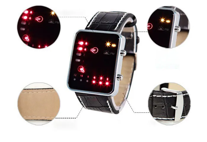 

Digital Red LED Sport Wrist Watch Binary Wristwatch PU Leather Fitness Watch Men Women Smartwatch Vertical and horizontal 0618