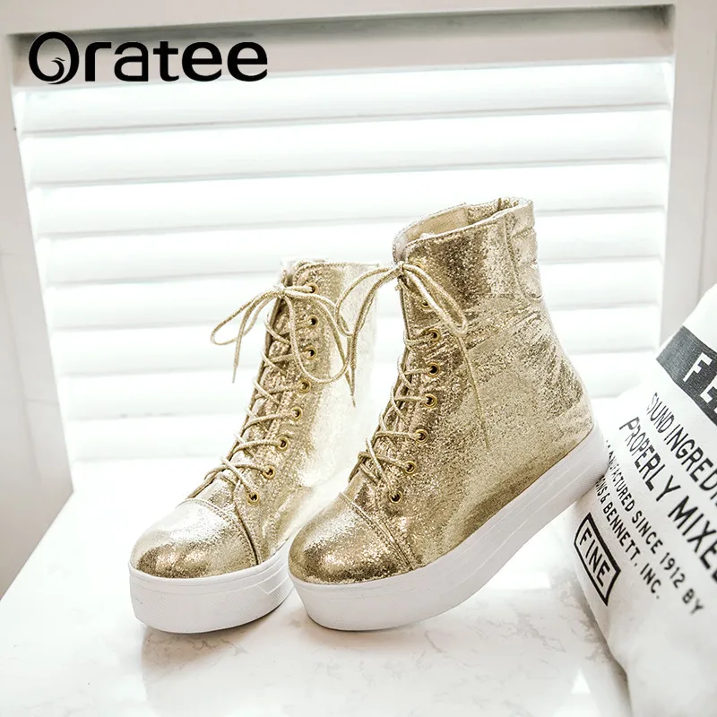 

Fashion Shine Ankle Boots Women New Winter Golden Woman Casual Shoes Height Increasing Platform Student Flat Boots Plus size