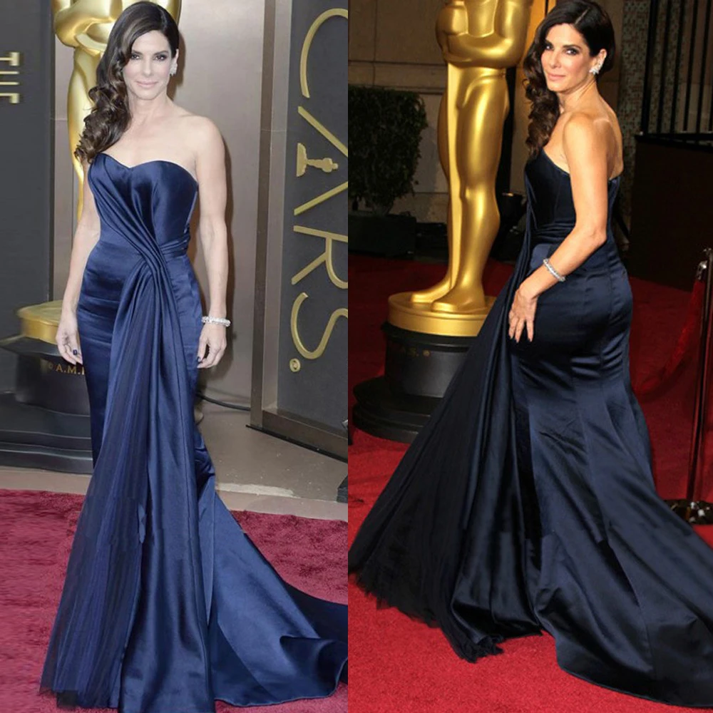 

Custom Made High Quality Sweetheart Sleeveless Court Train Popular Design Formal Dark Blue Luxury Mermaid Evening Dress