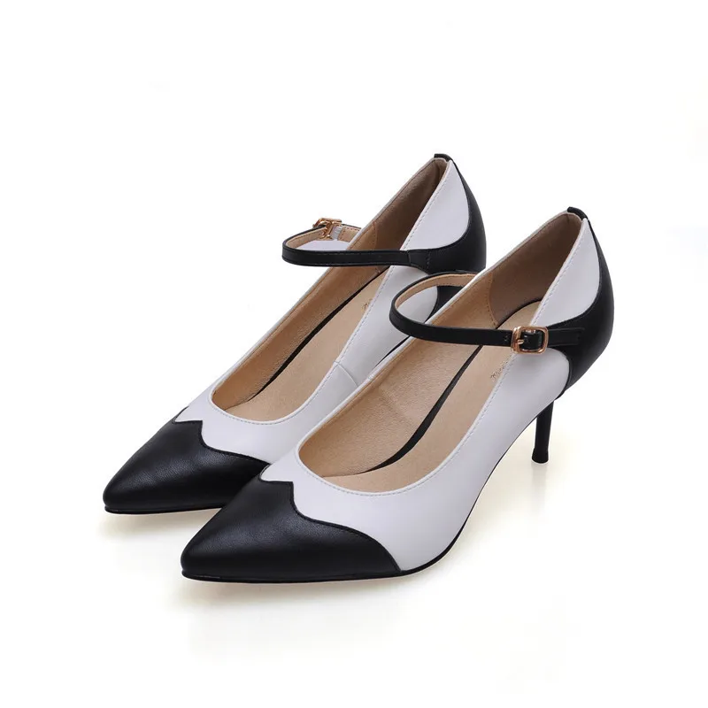 

2017 Women High Heel Shoes Sheepskin leather Thin Heels Pointe toe Mary Jans Women Pumps Black White color Shoes Plus size34-41