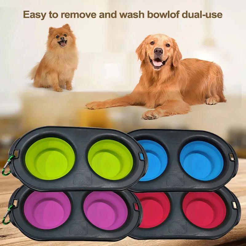 Solid Foldable Double Dog Bowls Anti slip Silicone Feeding Bowls for