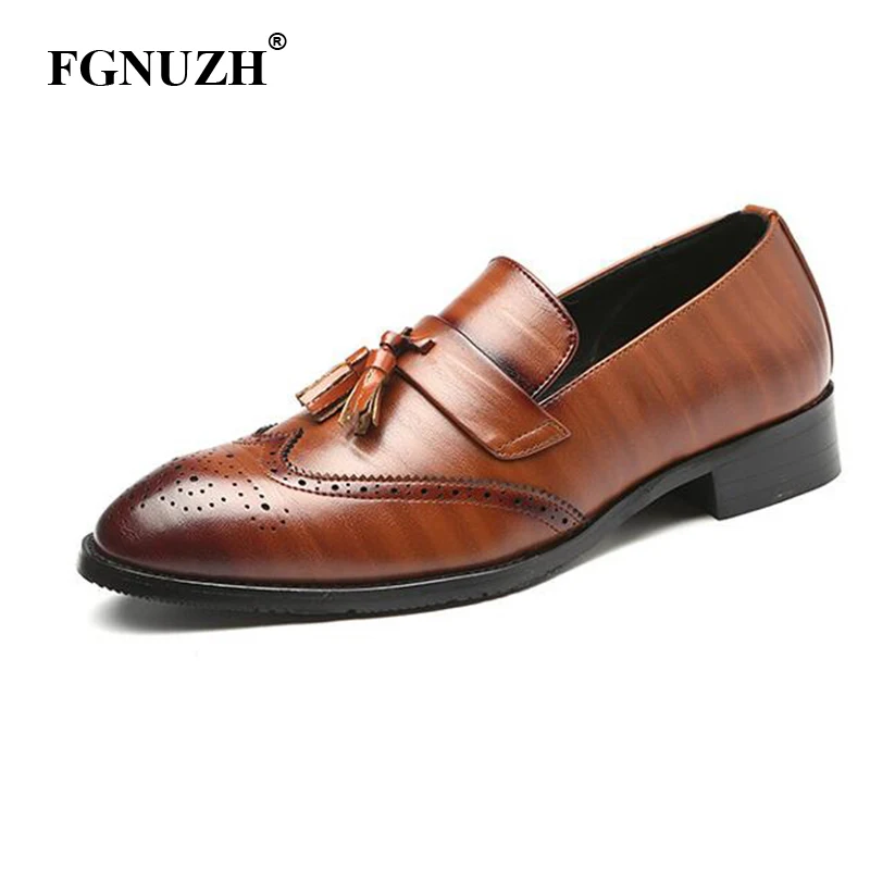 

FGNUZH Four Seasons Pointed Men Formal Business Brogue Shoes Luxury Men's Dress Shoes Casual Leather Wedding Party Loafers ST390