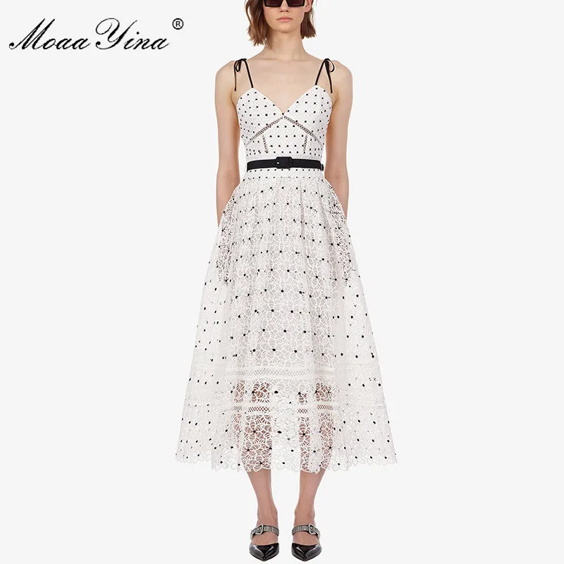 

MoaaYina Fashion Designer Runway dress Spring Summer Women Dress Lace Hollow Out Belt White Spaghetti Strap Dresses