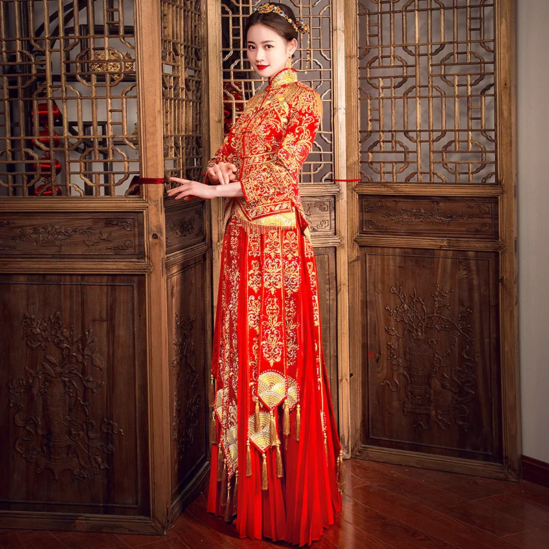 Традиционная вышивка цветочный Qipao Роскошные Стразы Свадебный костюм китайский стиль свадебное платье для невесты классический красный Ципао