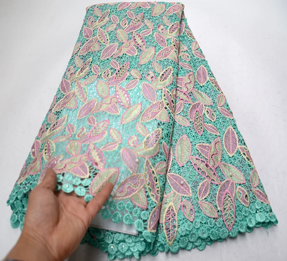 

New Arrival high quality African cord lace fabrics 2019 Light Green color Embroidered Guipure Lace Fabric For Wedding Dress