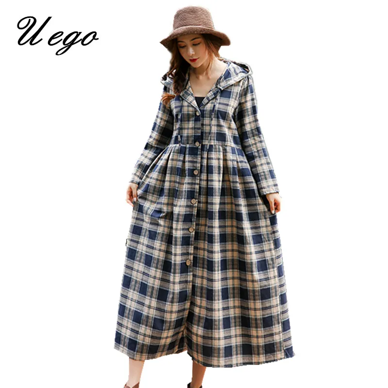 

Uego Preppy Style Plaid Long Shirts Dress Cotton Linen Button Open Vintage Prairie Chic Korea 2019 New Women Casual Spring Dress