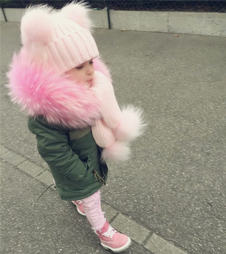 Bonnet et Écharpe Double Pom Pom de fourrure, Bonnets Enfants d'hiver